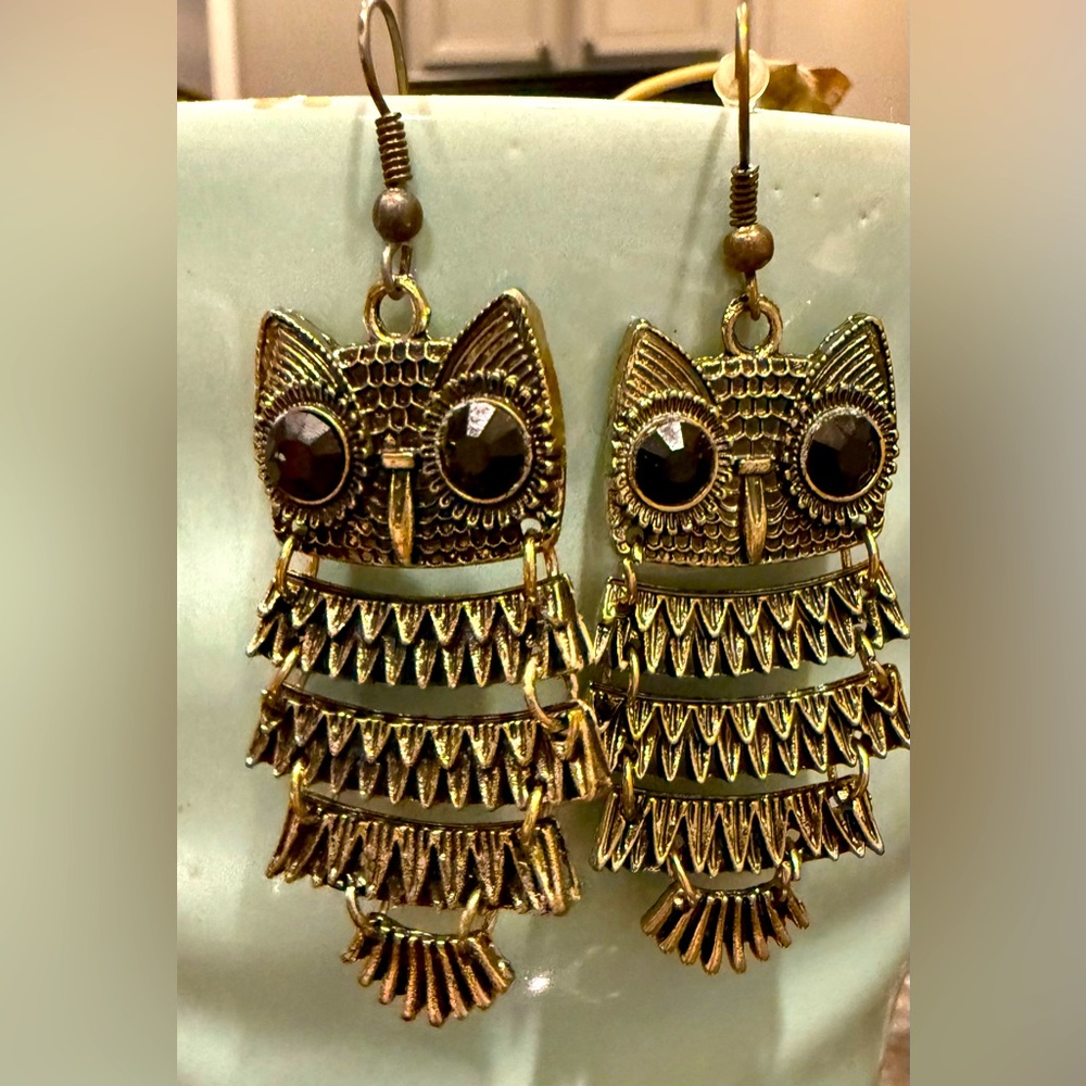 Vintage custom made brass owl earrings